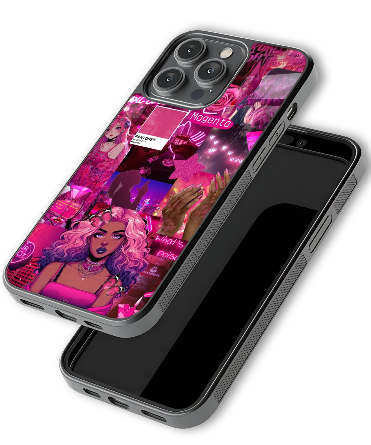 Phone case with a vibrant, colorful design featuring a character and text on a white background.