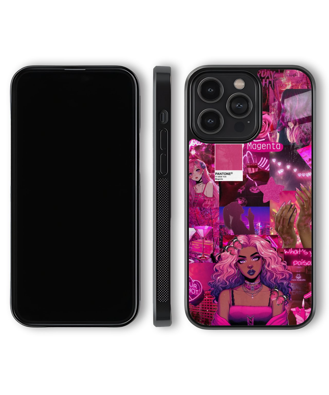 Phone case with a vibrant design featuring a woman with pink hair and neon text on a white background