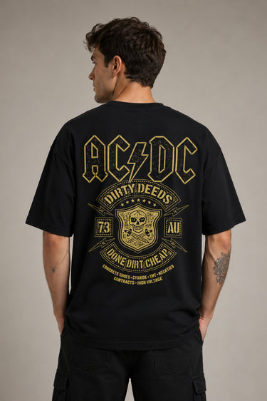 Person wearing a black t-shirt with AC/DC graphic design on the back against a gray background