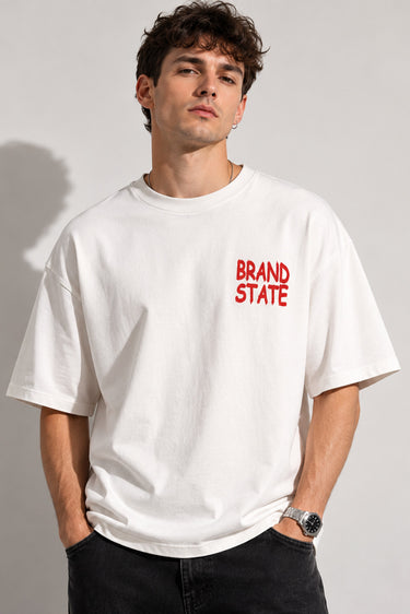 Man wearing a white t-shirt with 'BRAND STATE' in red text against a gray background
