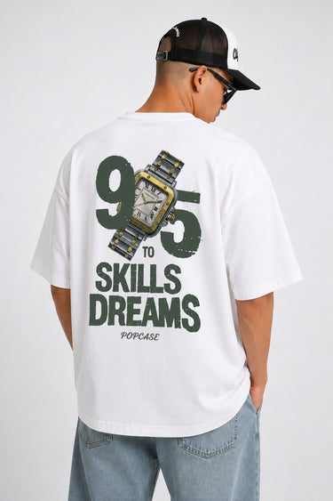 POPCASE white oversized t shirt WORK not equal LIFE dark green stamp seal DTF graphic 220 GSM premium cotton streetwear tshirt