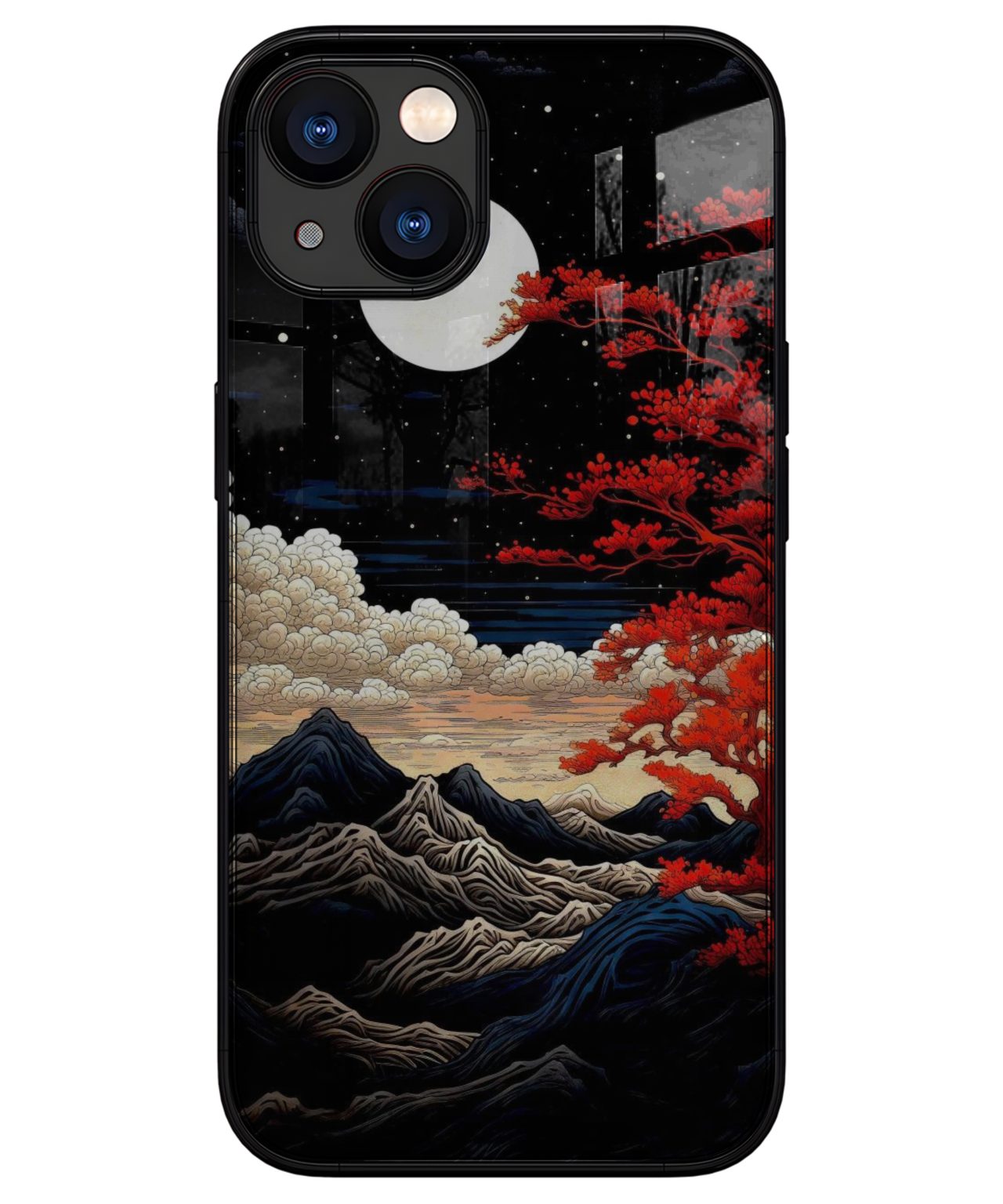 Mystic Mountains and Crimson Tree iphone 13 back cover 1