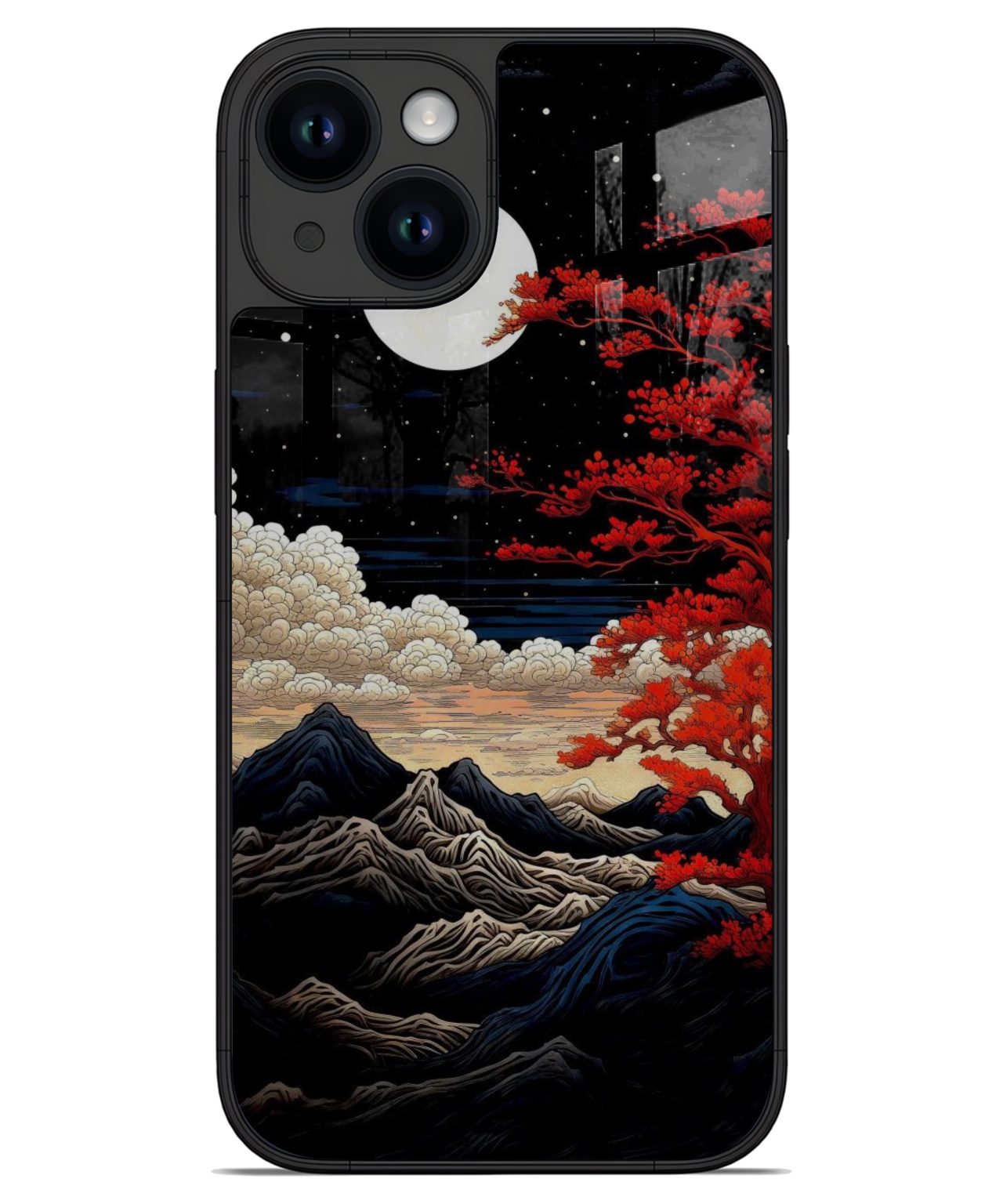 Mystic Mountains and Crimson Tree iphone 14 back cover 1