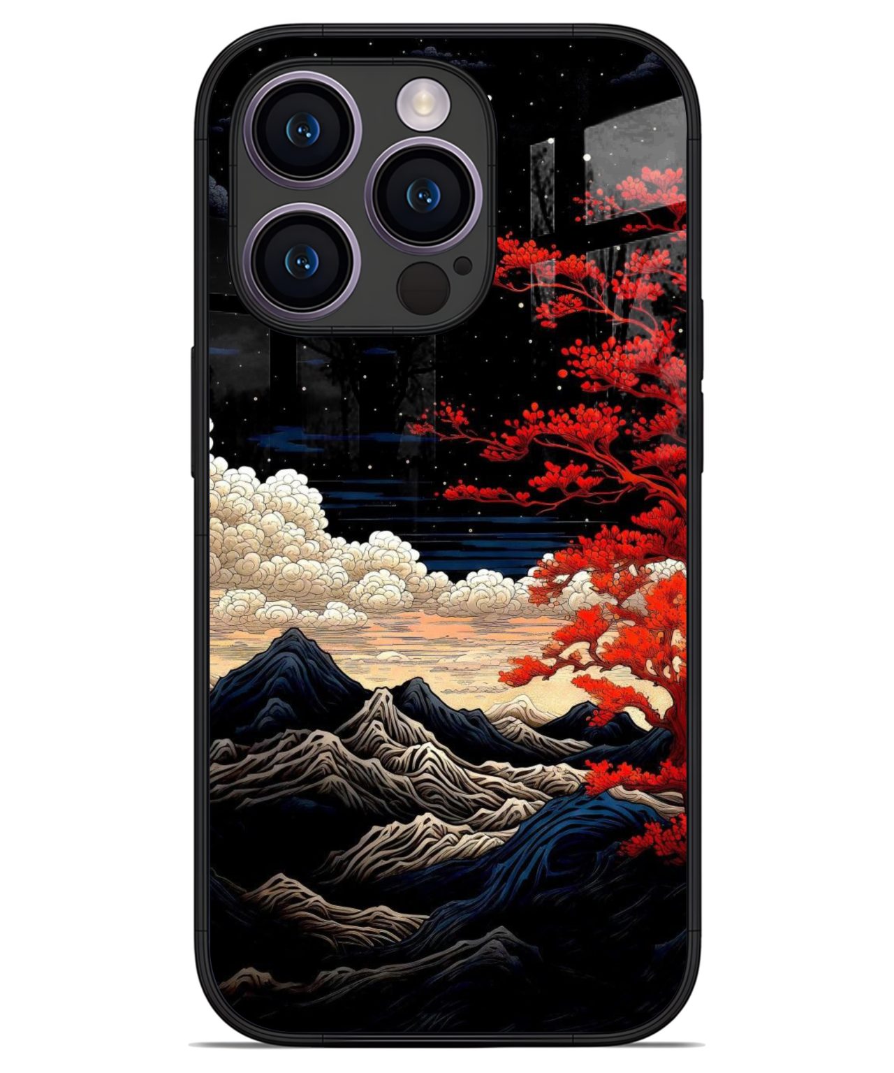 Mystic Mountains and Crimson Tree iphone 14 pro back cover 1