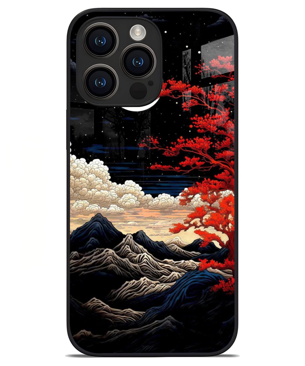 Mystic Mountains and Crimson Tree iphone 14 pro max back cover 1