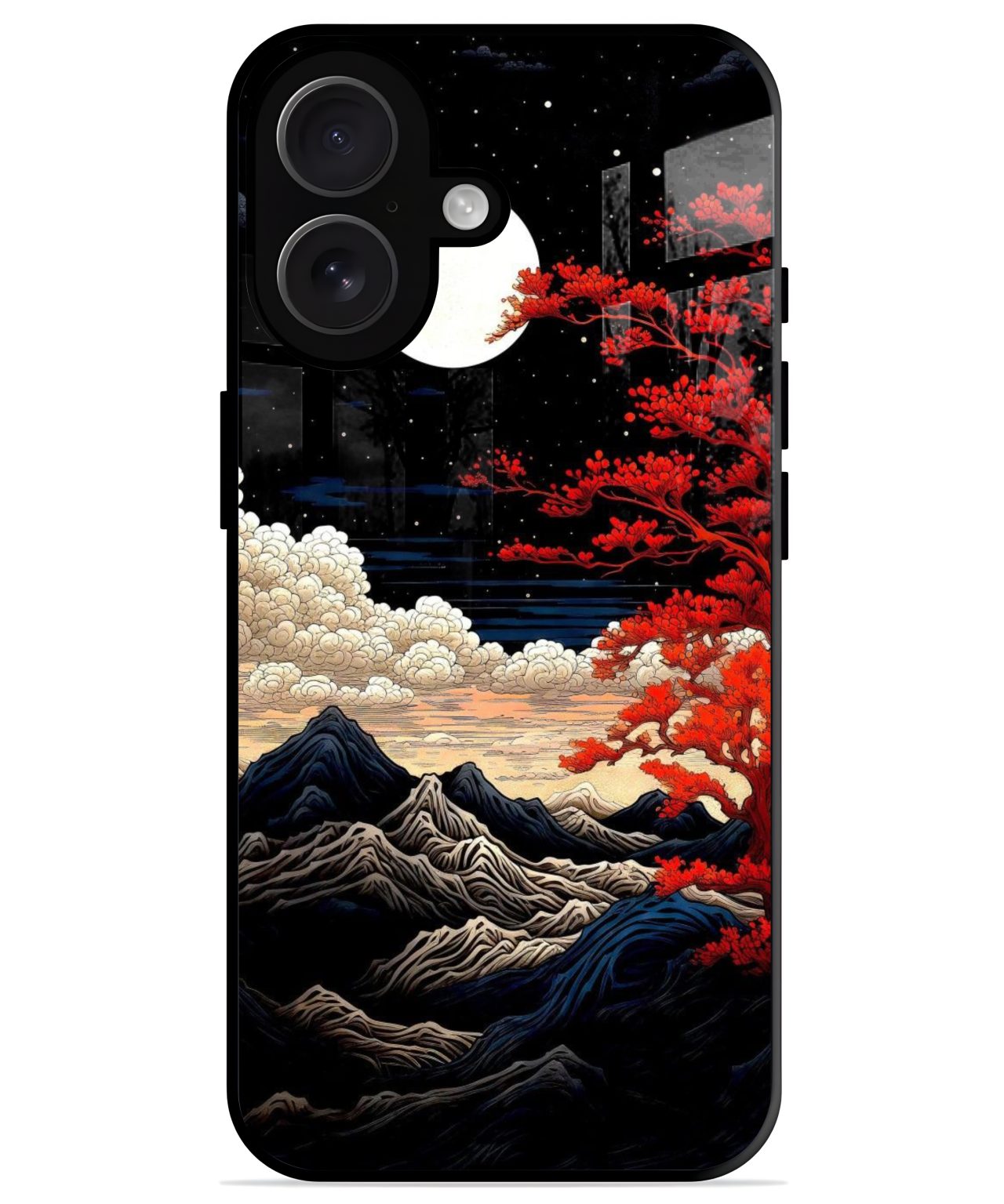 Mystic Mountains and Crimson Tree iphone 16 plus back cover 1