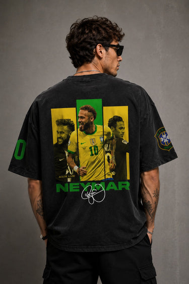 Model wearing an oversized black Neymar Legacy t-shirt with green 'Neymar' graphic and Brazilian CBF crest on sleeve. - anthracite black