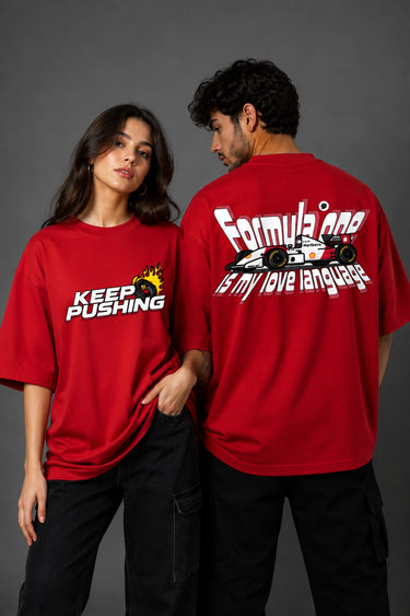 Red POPCASE oversized tshirt with Keep Pushing flaming F1 tire on front and Formula One is my love language vintage McLaren race car graphic on back