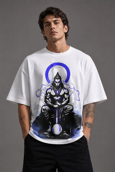 White oversized t-shirt featuring a striking black and blue graphic of Hanuman Dada, with a large blue halo. Designed for a relaxed, streetwear fit. - white