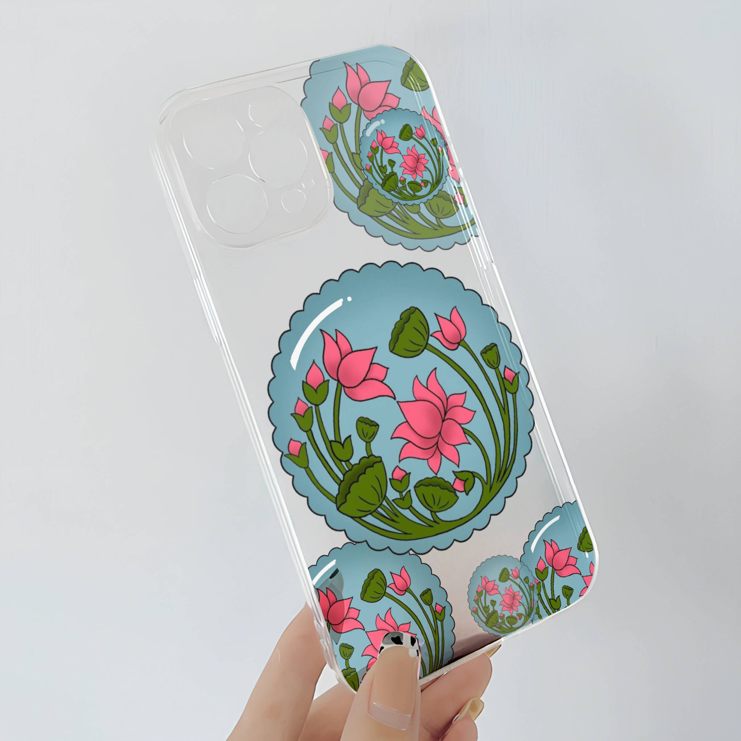Elegant Transparent Mobile Case with Lotus Floral Design