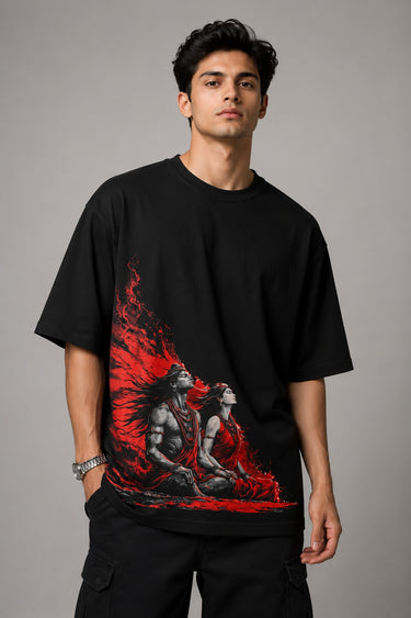 Black oversized t-shirt featuring a powerful Shiv Shakti graphic in red and grey. DTF print highlights vibrant colors and durable quality. - black