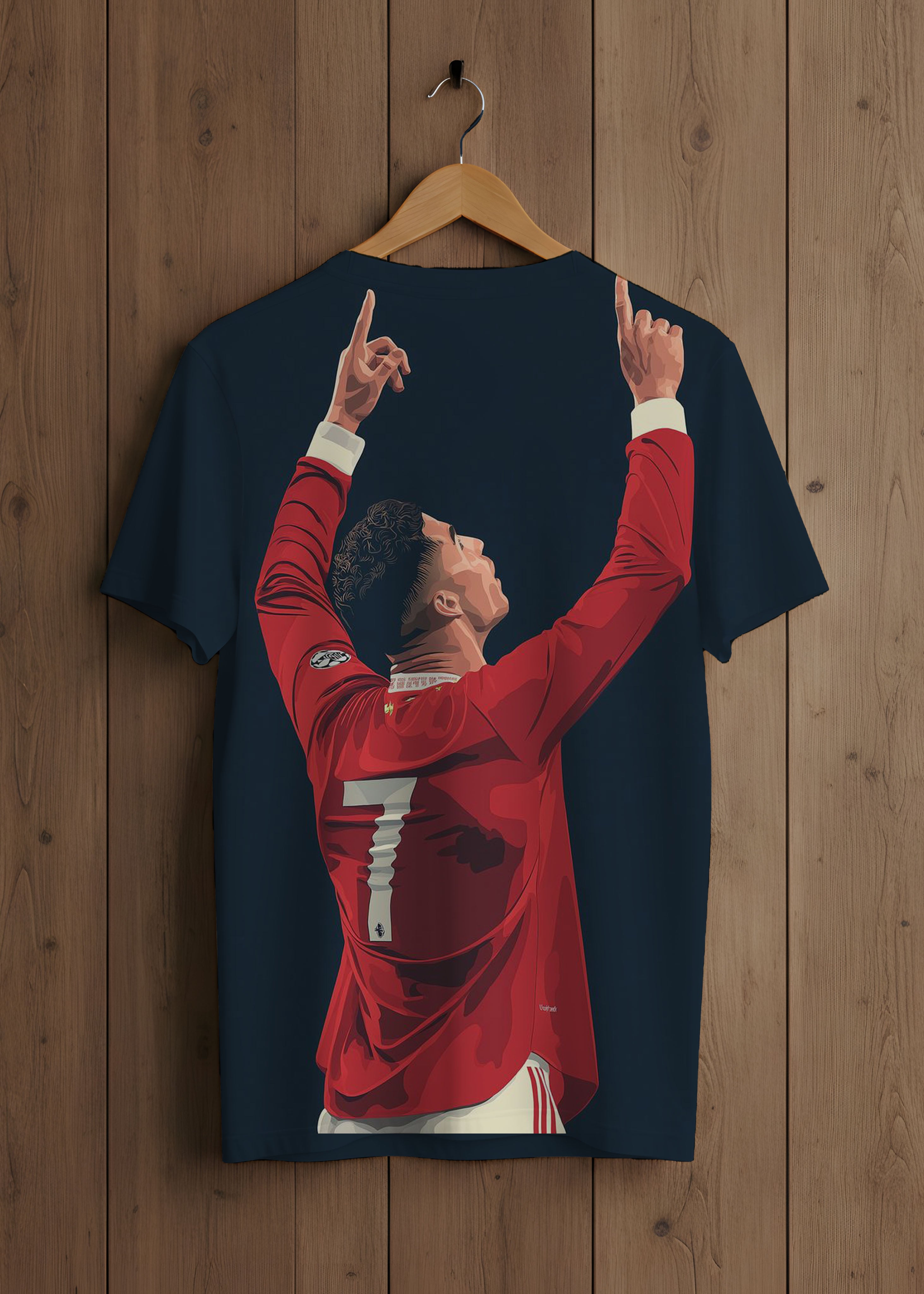 T-shirt with a printed design of a person in a red jersey on a wooden background
