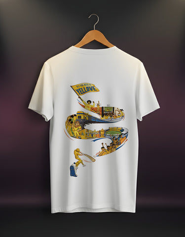White t-shirt with colorful graphic design on a hanger against a dark background
