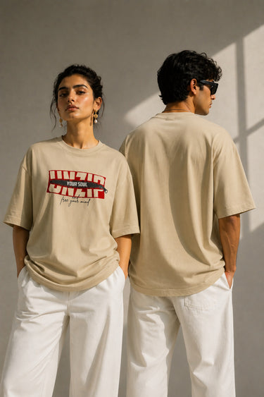 POPCASE white Unzip Your Soul zipper graphic oversized t shirt unisex bold red block text free your mind streetwear tshirt - beige