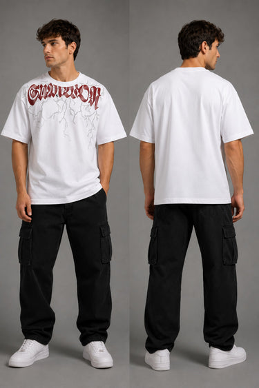 Guardian Design black oversized t-shirt with a bold red and white lightning bolt graphic print. Shot on a model, showcasing the relaxed, streetwear fit. - white