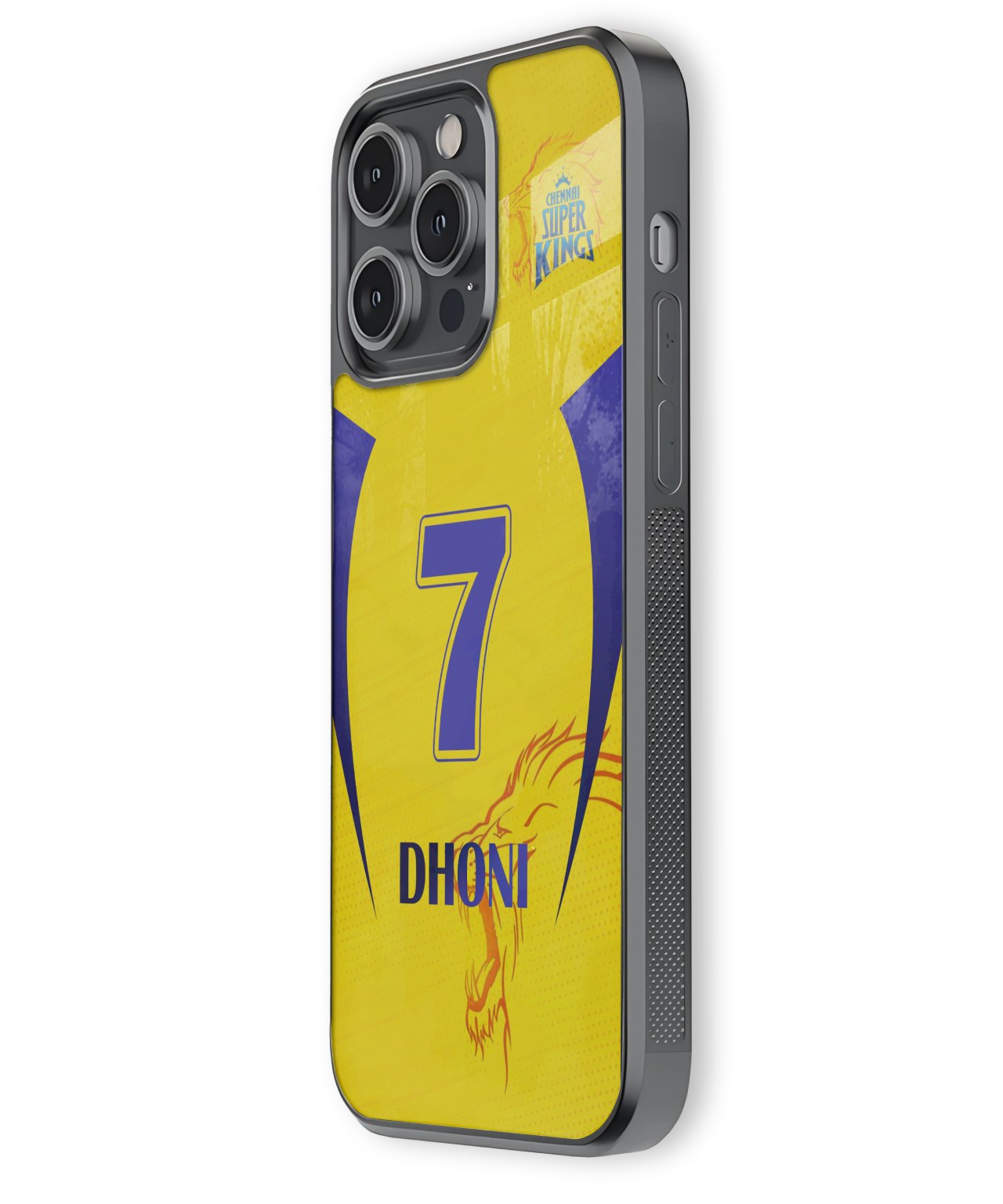 Phone case with a sports team design, number 7, and name 'DHONI' on a yellow background.