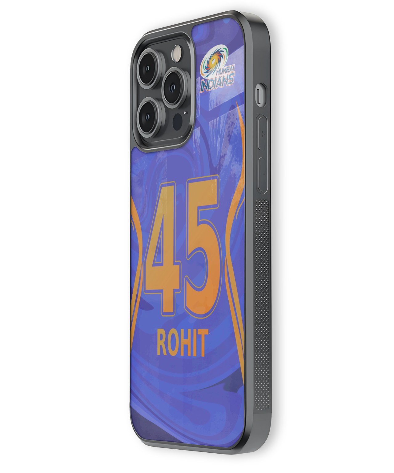 Phone case with number 45 and name Rohit on a blue background