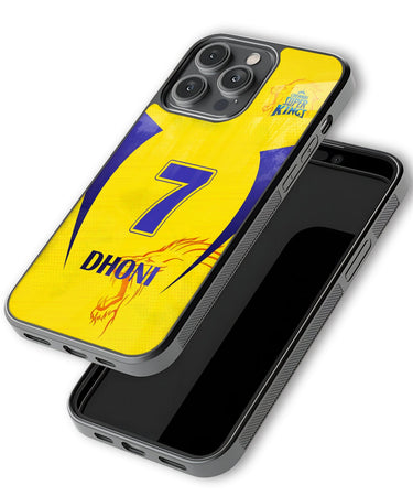 Phone case with a sports jersey design featuring the number 7 and name 'Dhoni' on a yellow and blue background.