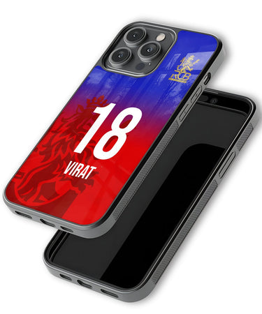 Phone case with number 18 and name 'Virat' on a blue and red background