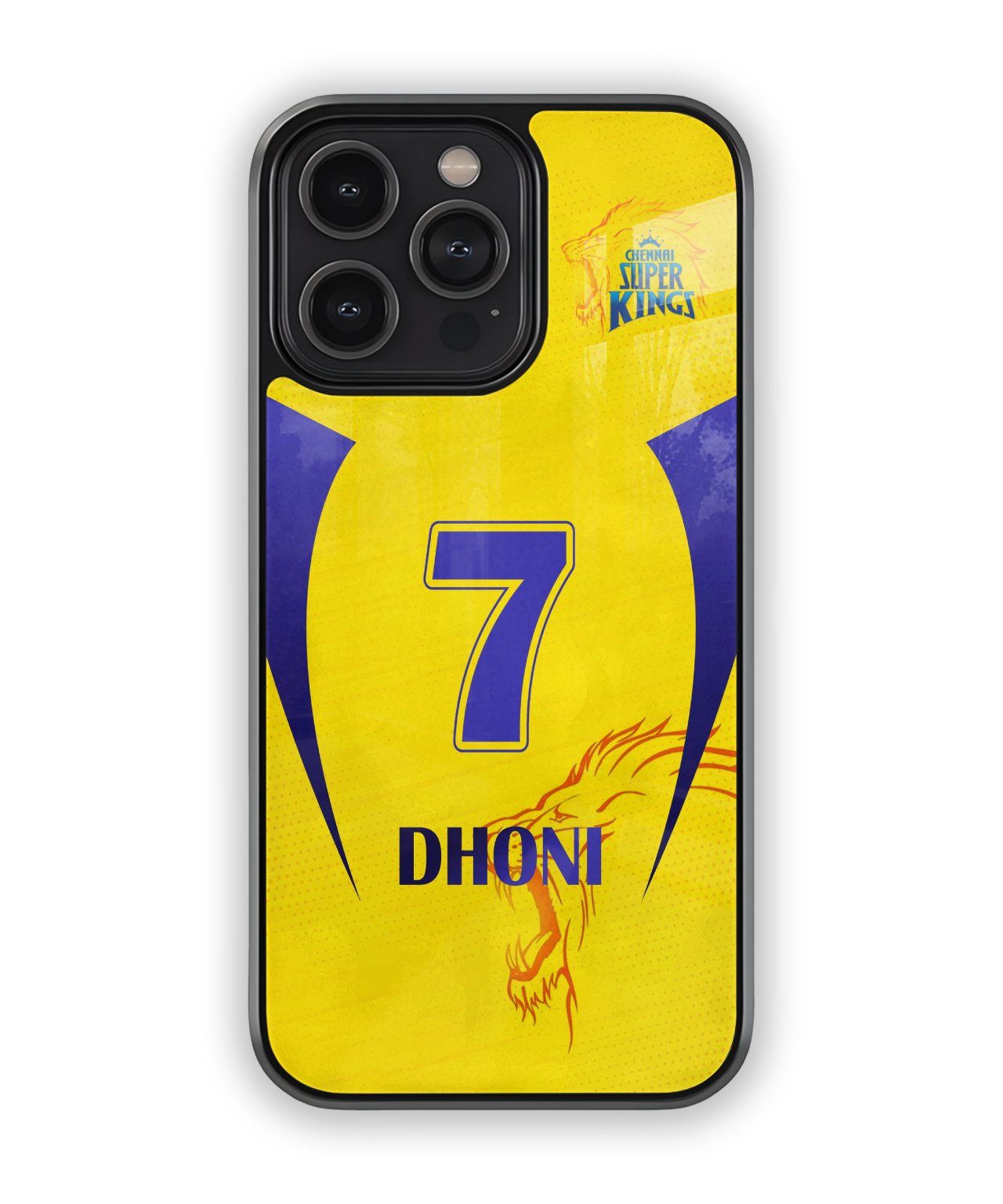 Phone case with a yellow and blue design featuring the number 7 and 'DHONI' text on a white background.