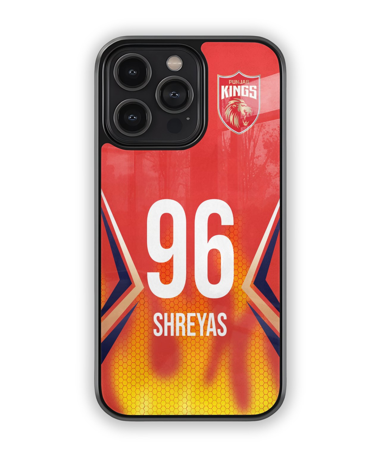 Phone case with number 96 and name Shreyas on a red and yellow background