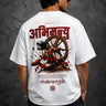 White oversized t-shirt with a bold graphic of the warrior Abhimanyu in front of a chariot wheel. Text includes "Made For War" and "Abhimanyuh" in Hindi. Detailed fabric information and care instructions are shown. - white