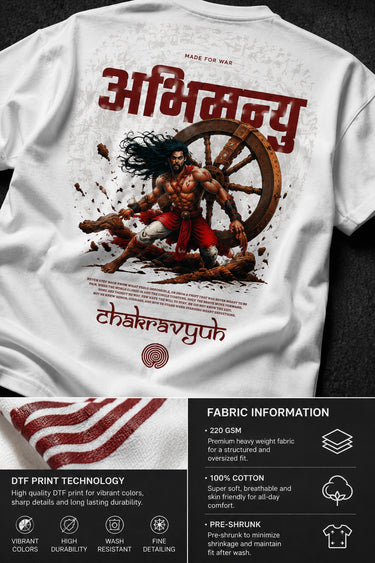 White oversized t-shirt with a bold graphic of the warrior Abhimanyu in front of a chariot wheel. Text includes "Made For War" and "Abhimanyuh" in Hindi. Detailed fabric information and care instructions are shown.