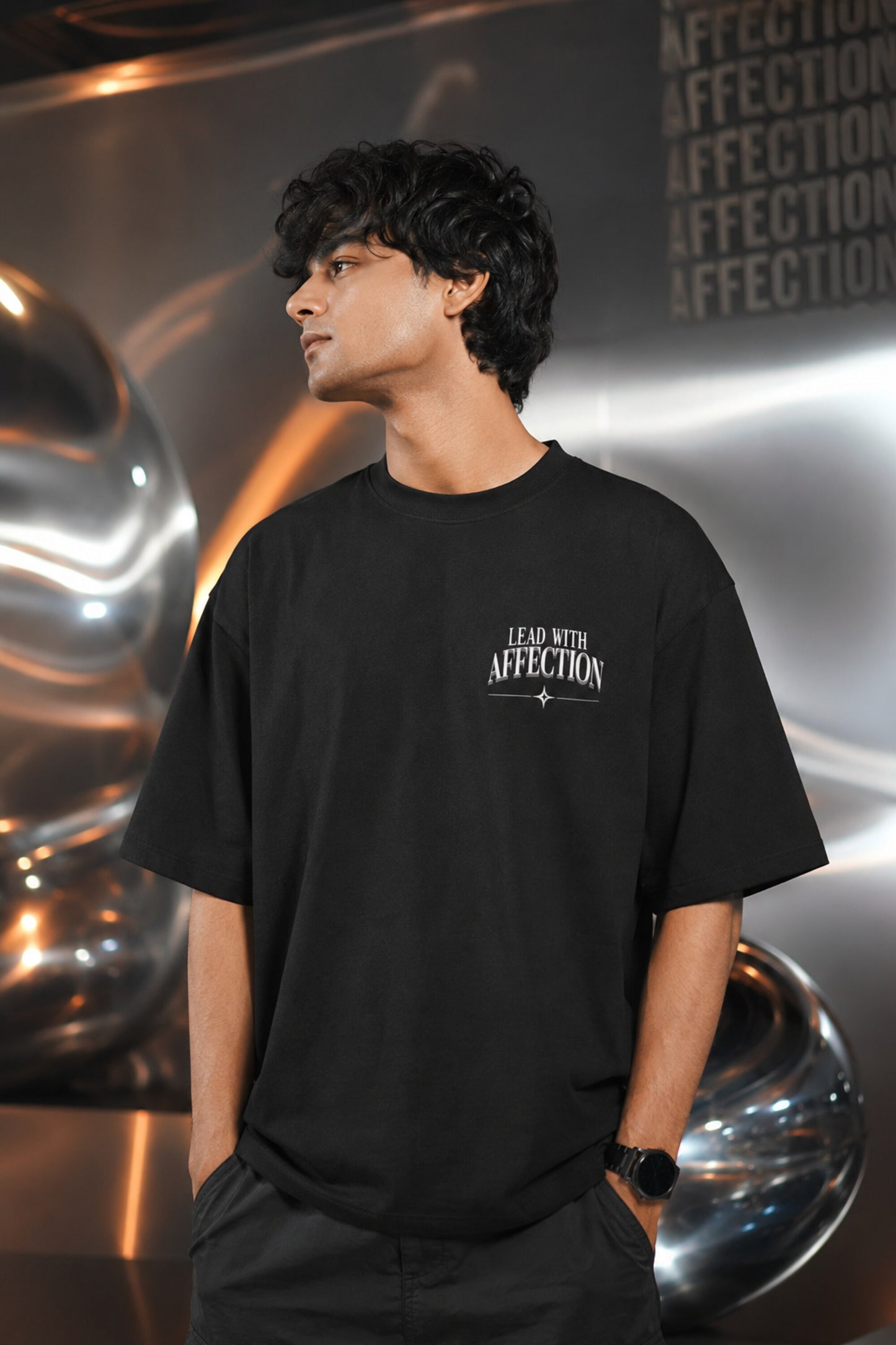 White black unisex oversized t shirt Lead With Affection chest print 3D chrome holographic metallic heart back graphic POPCASE aesthetic tee