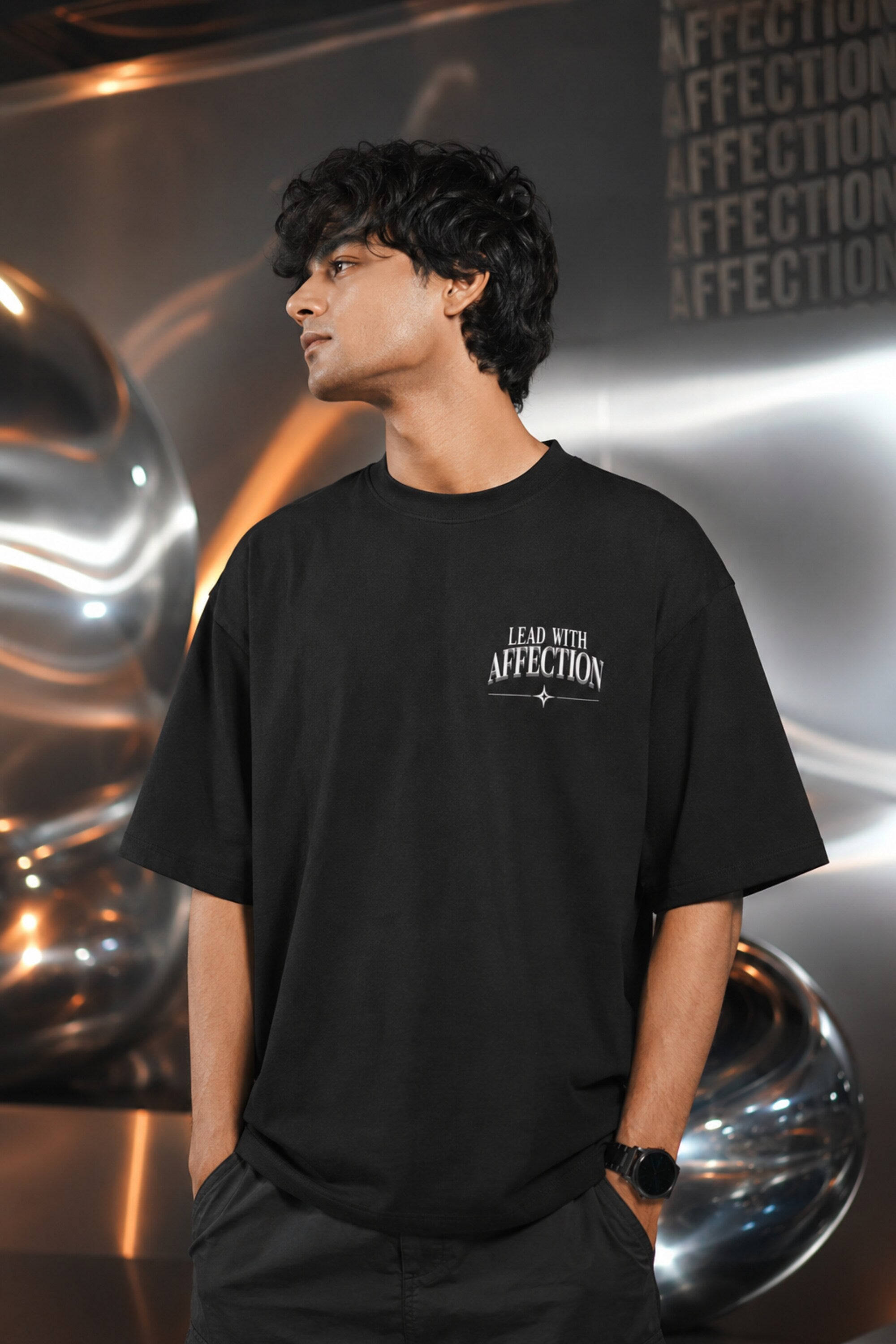 White black unisex oversized t shirt Lead With Affection chest print 3D chrome holographic metallic heart back graphic POPCASE aesthetic tee