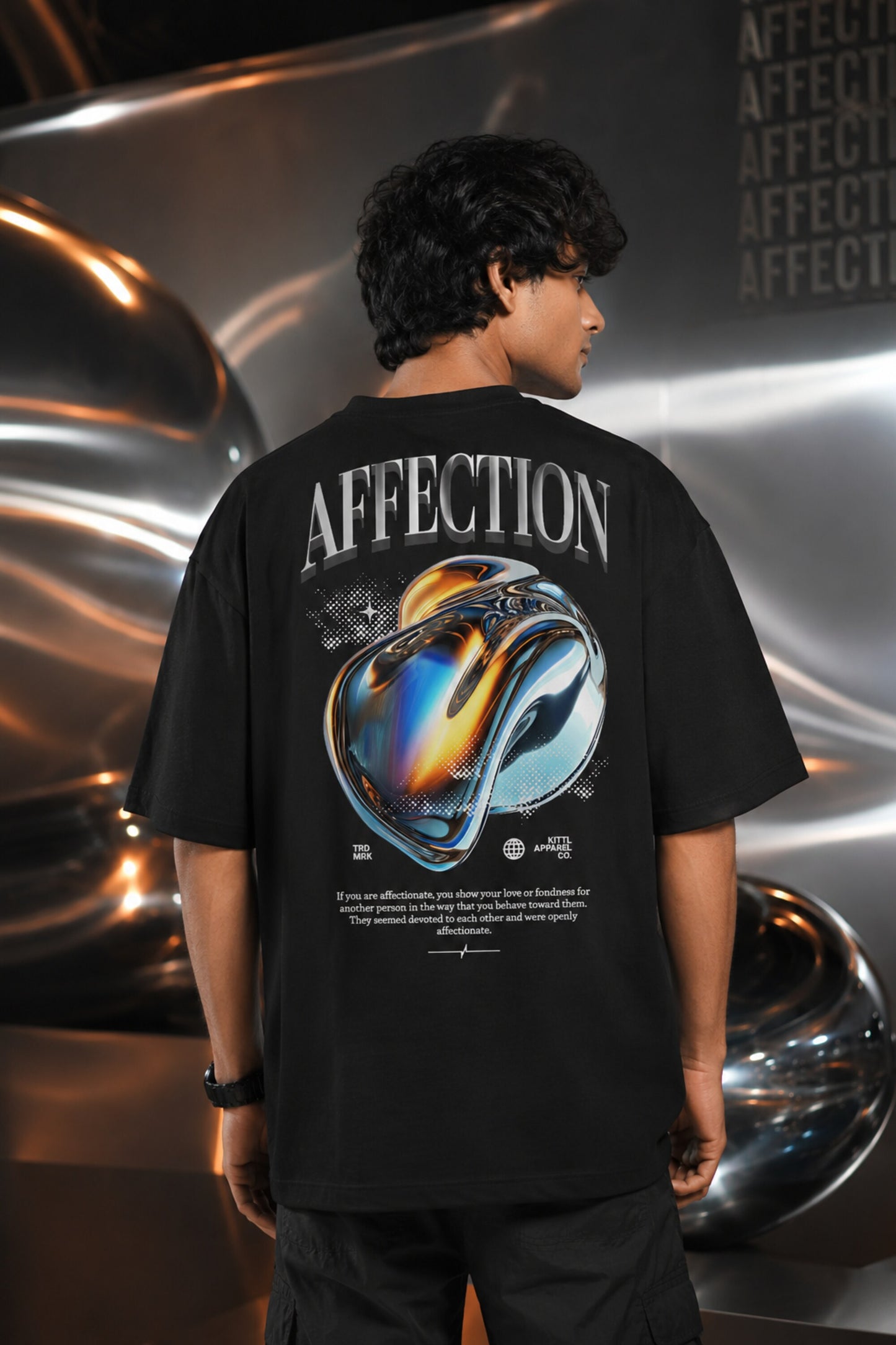 White black unisex oversized t shirt Lead With Affection chest print 3D chrome holographic metallic heart back graphic POPCASE aesthetic tee