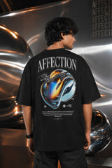 White black unisex oversized t shirt Lead With Affection chest print 3D chrome holographic metallic heart back graphic POPCASE aesthetic tee