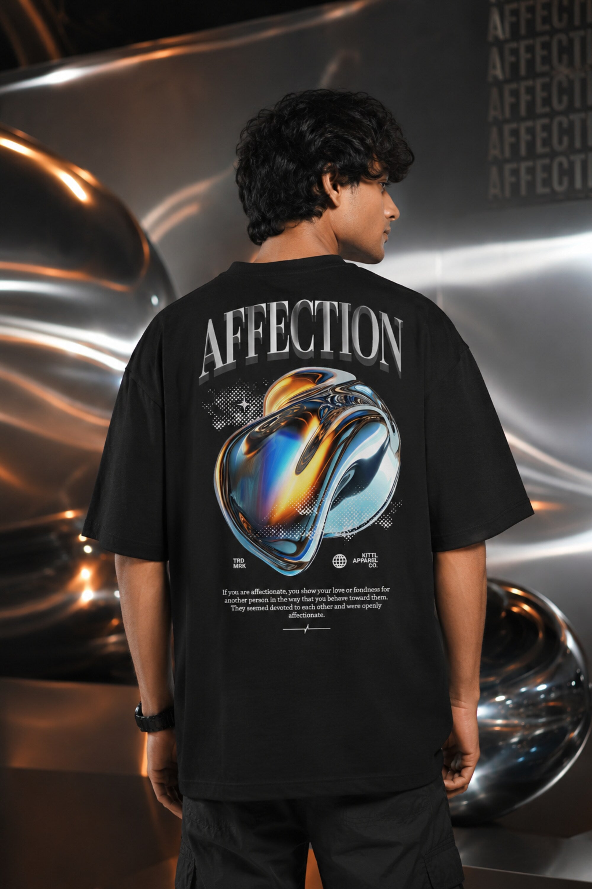 White black unisex oversized t shirt Lead With Affection chest print 3D chrome holographic metallic heart back graphic POPCASE aesthetic tee