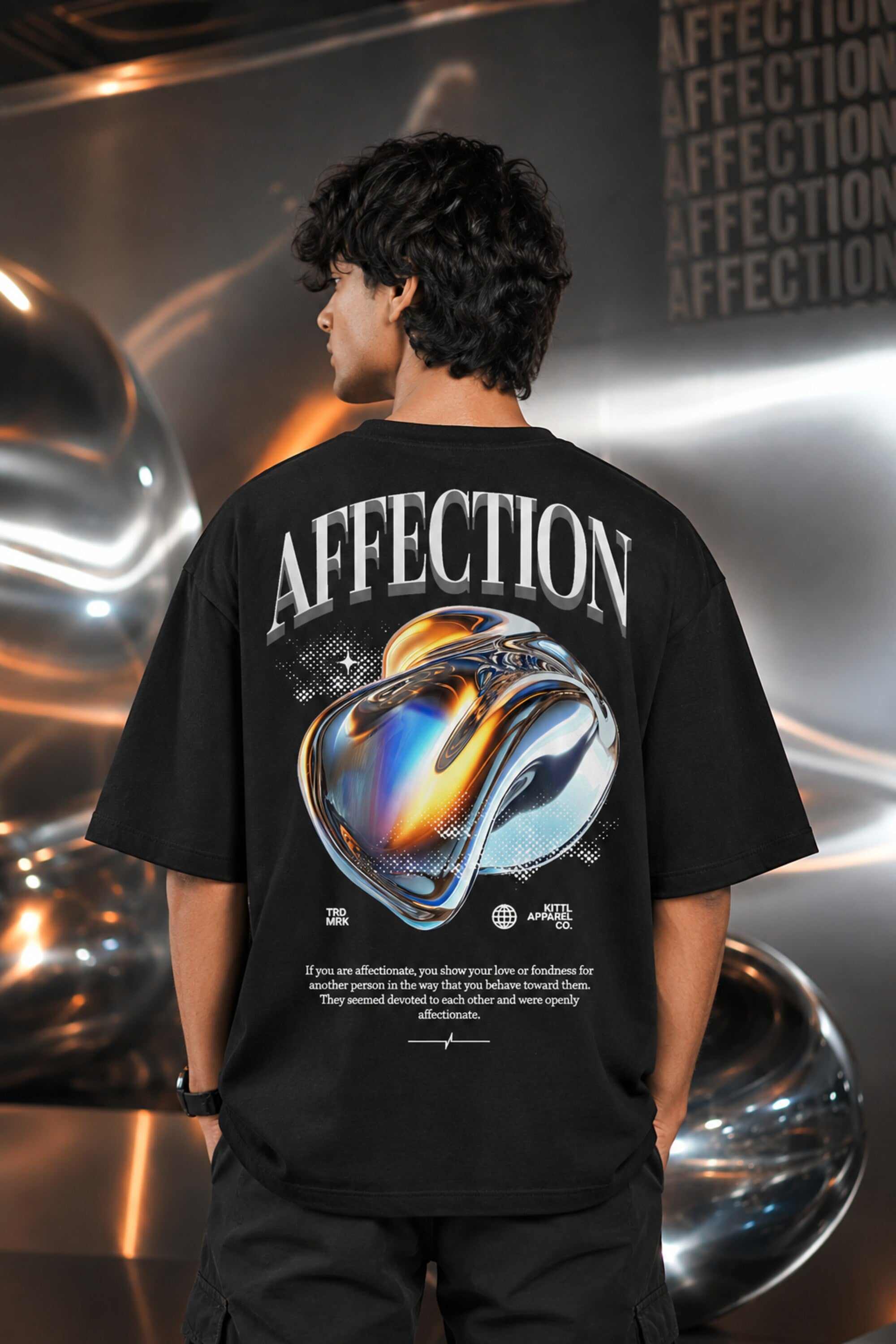 White black unisex oversized t shirt Lead With Affection chest print 3D chrome holographic metallic heart back graphic POPCASE aesthetic tee