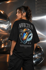 White black unisex oversized t shirt Lead With Affection chest print 3D chrome holographic metallic heart back graphic POPCASE aesthetic tee