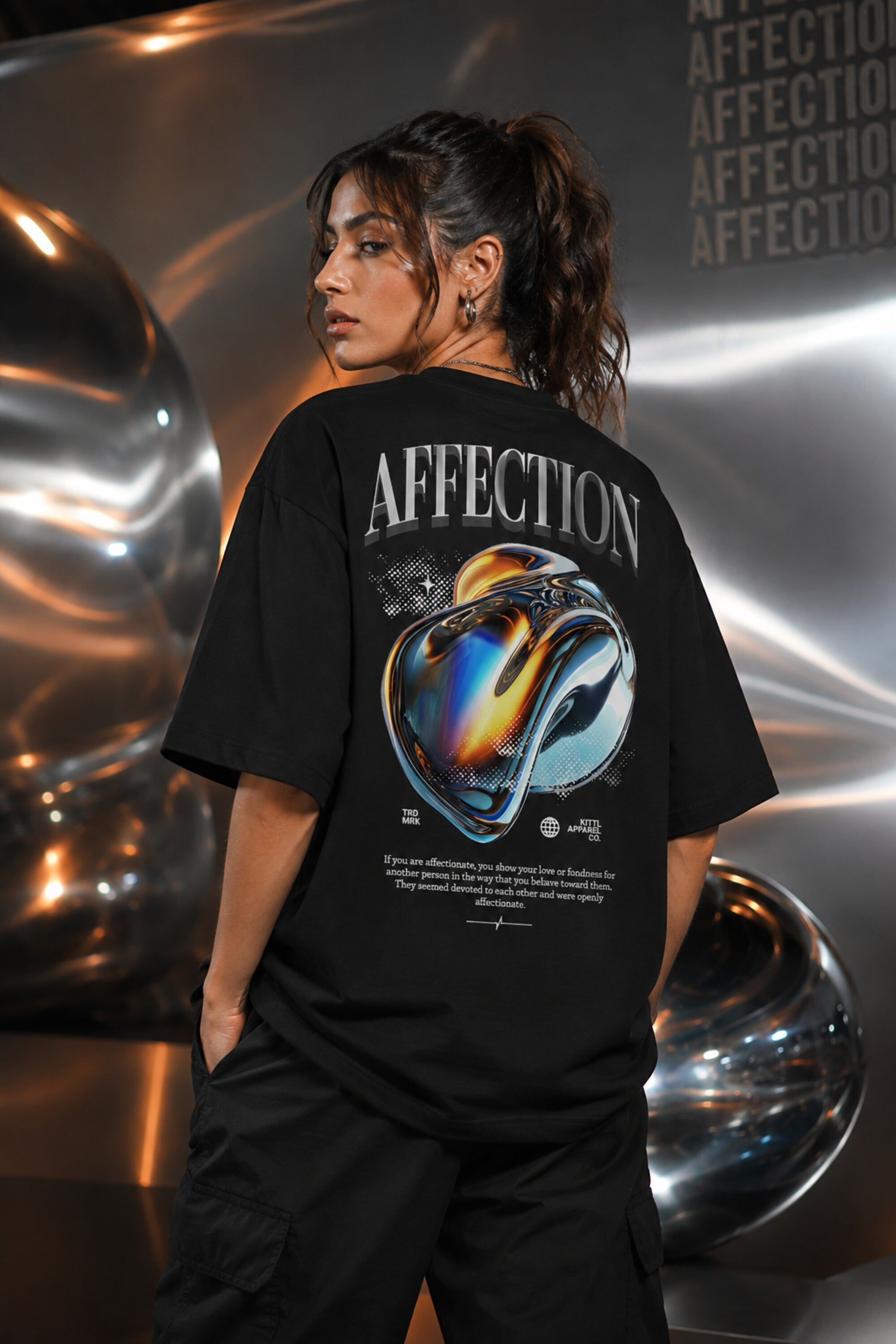 White black unisex oversized t shirt Lead With Affection chest print 3D chrome holographic metallic heart back graphic POPCASE aesthetic tee