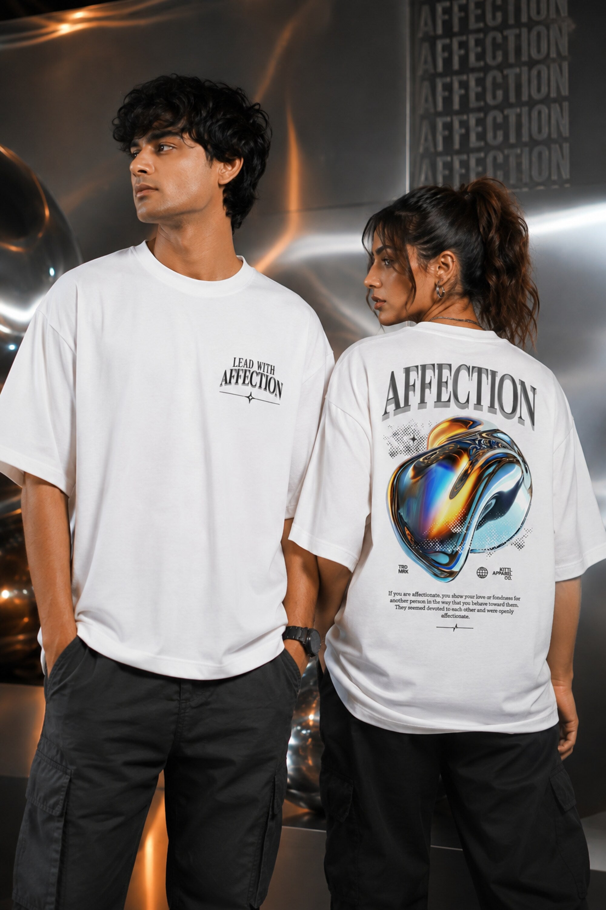 White black unisex oversized t shirt Lead With Affection chest print 3D chrome holographic metallic heart back graphic POPCASE aesthetic tee