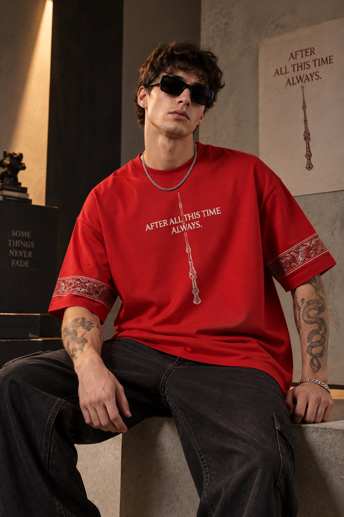 Black Harry Potter oversized tshirt with After All This Time Always Snape quote and Elder Wand HD print and paisley sleeve bands - red