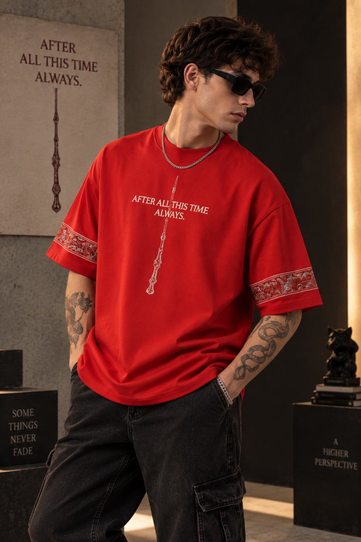 Black Harry Potter oversized tshirt with After All This Time Always Snape quote and Elder Wand HD print and paisley sleeve bands