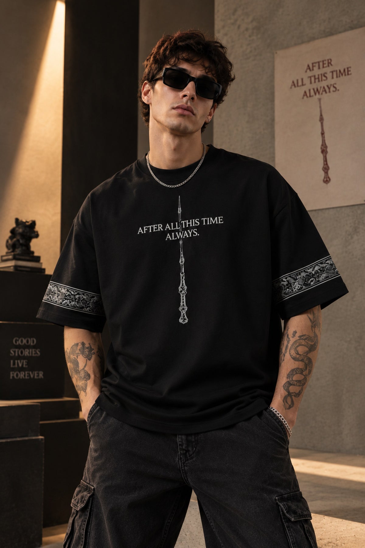 Black Harry Potter oversized tshirt with After All This Time Always Snape quote and Elder Wand HD print and paisley sleeve bands - black