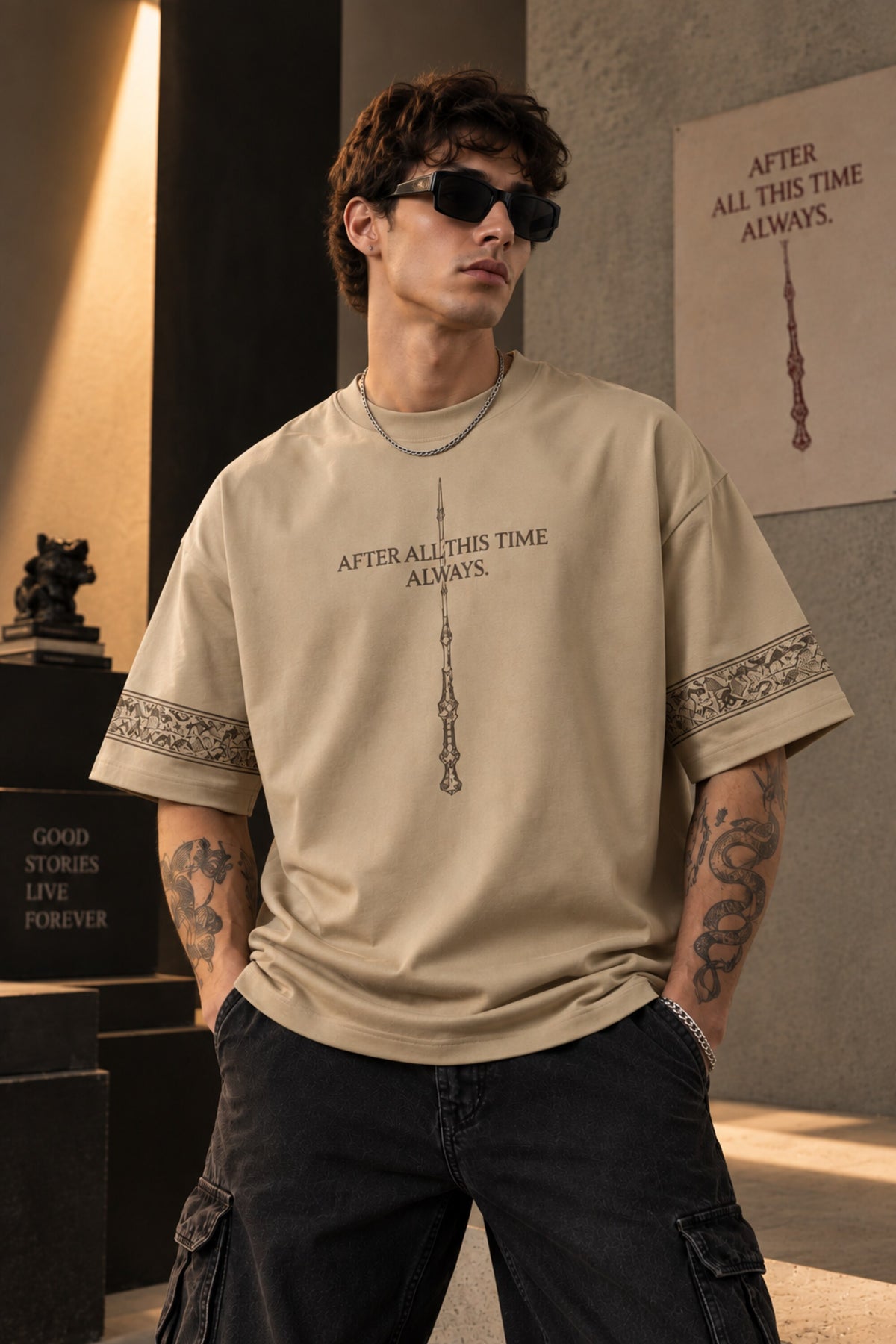 Black Harry Potter oversized tshirt with After All This Time Always Snape quote and Elder Wand HD print and paisley sleeve bands - beige