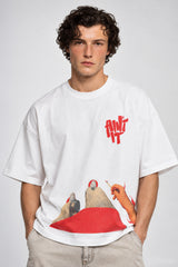 White oversized tshirt with red graffiti Ain't It text on chest and surreal pop art illustration below, drop shoulder boxy fit, men India
