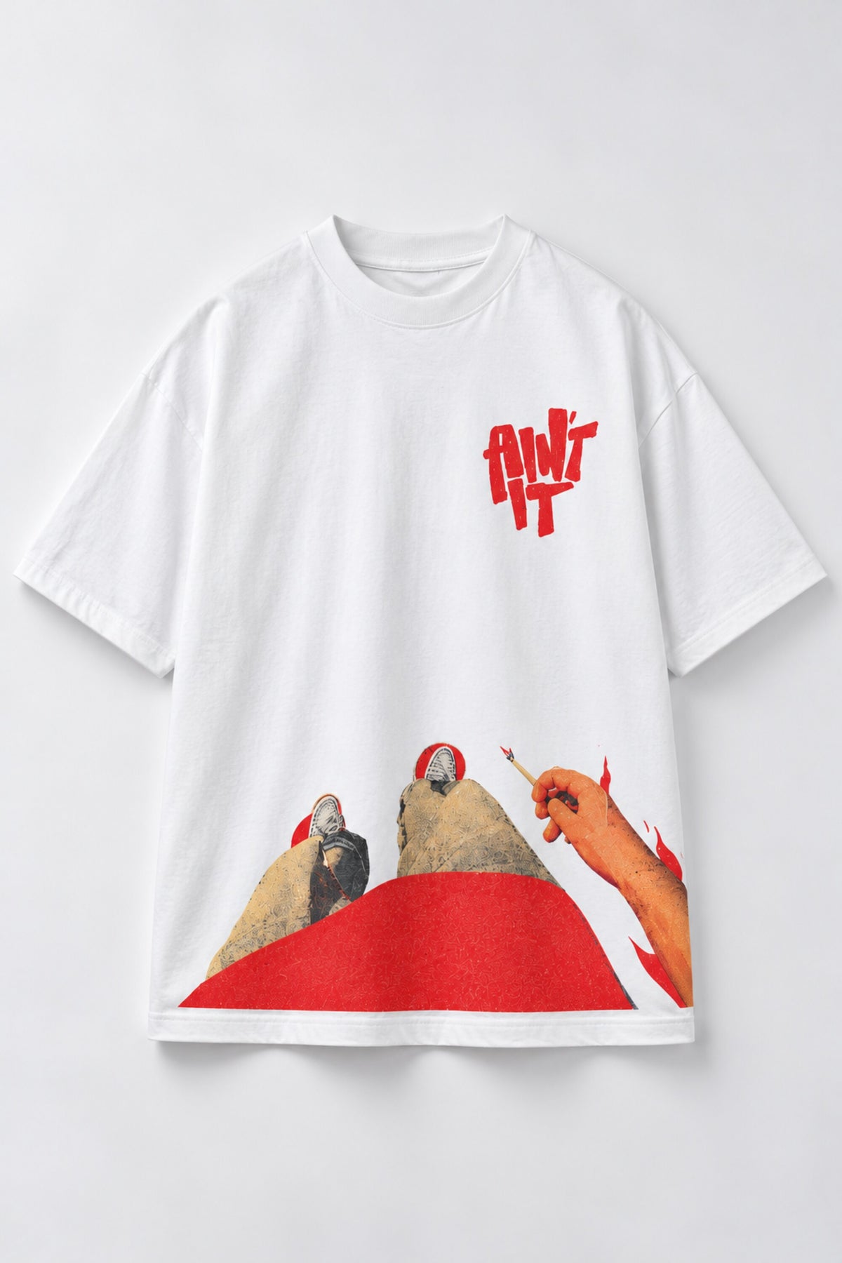 White oversized tshirt with red graffiti Ain't It text on chest and surreal pop art illustration below, drop shoulder boxy fit, men India