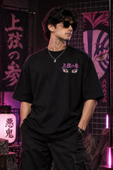 Black Demon Slayer anime oversized tshirt with Akaza Upper Moon 3 character HD print in magenta and Japanese script