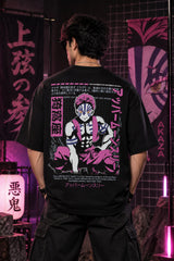 Black Demon Slayer anime oversized tshirt with Akaza Upper Moon 3 character HD print in magenta and Japanese script