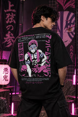 Black Demon Slayer anime oversized tshirt with Akaza Upper Moon 3 character HD print in magenta and Japanese script