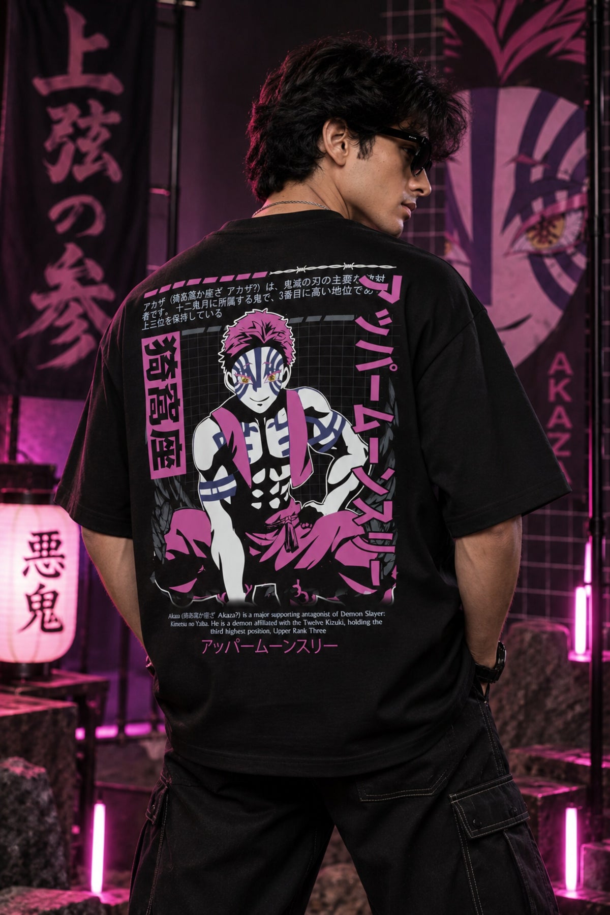 Black Demon Slayer anime oversized tshirt with Akaza Upper Moon 3 character HD print in magenta and Japanese script