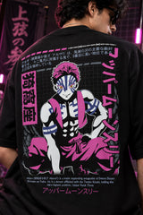 Black Demon Slayer anime oversized tshirt with Akaza Upper Moon 3 character HD print in magenta and Japanese script