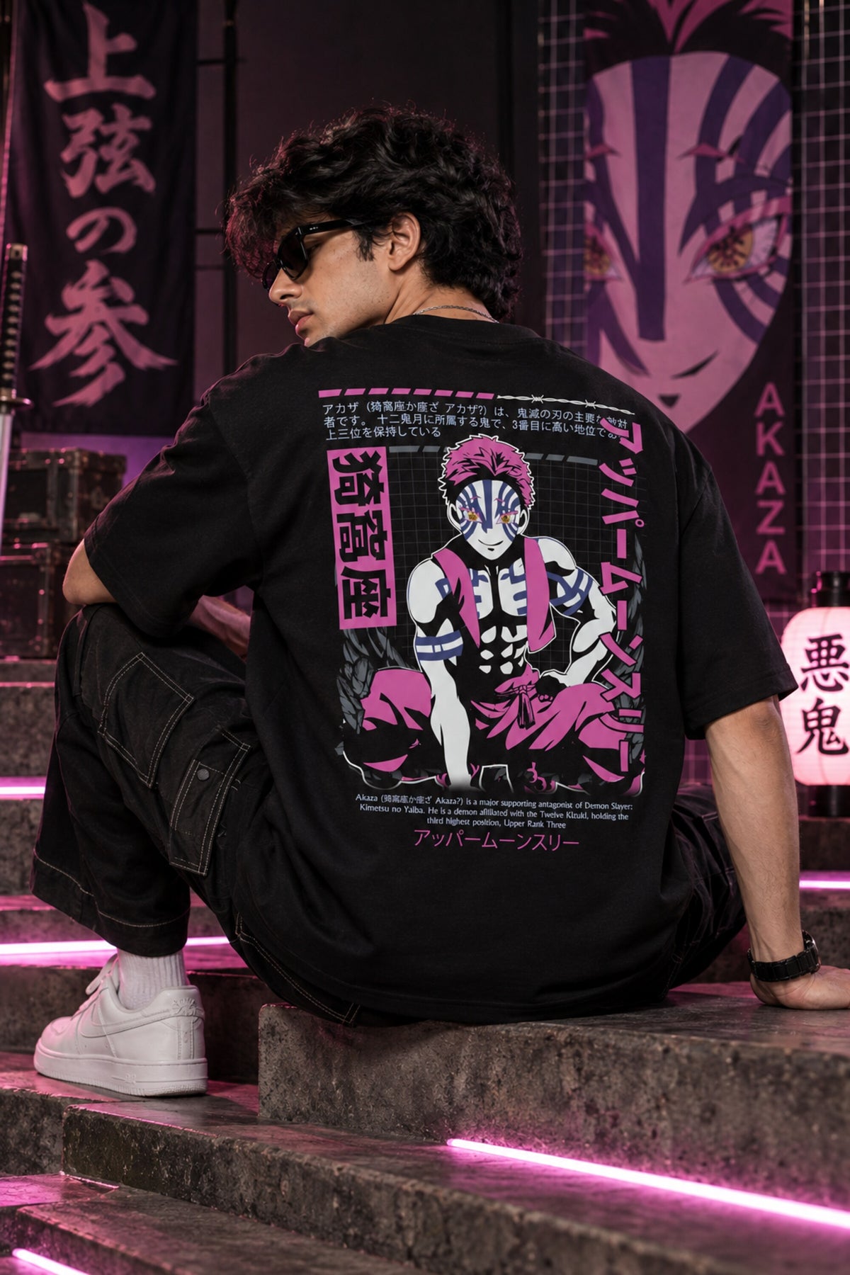 Black Demon Slayer anime oversized tshirt with Akaza Upper Moon 3 character HD print in magenta and Japanese script