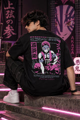 Black Demon Slayer anime oversized tshirt with Akaza Upper Moon 3 character HD print in magenta and Japanese script