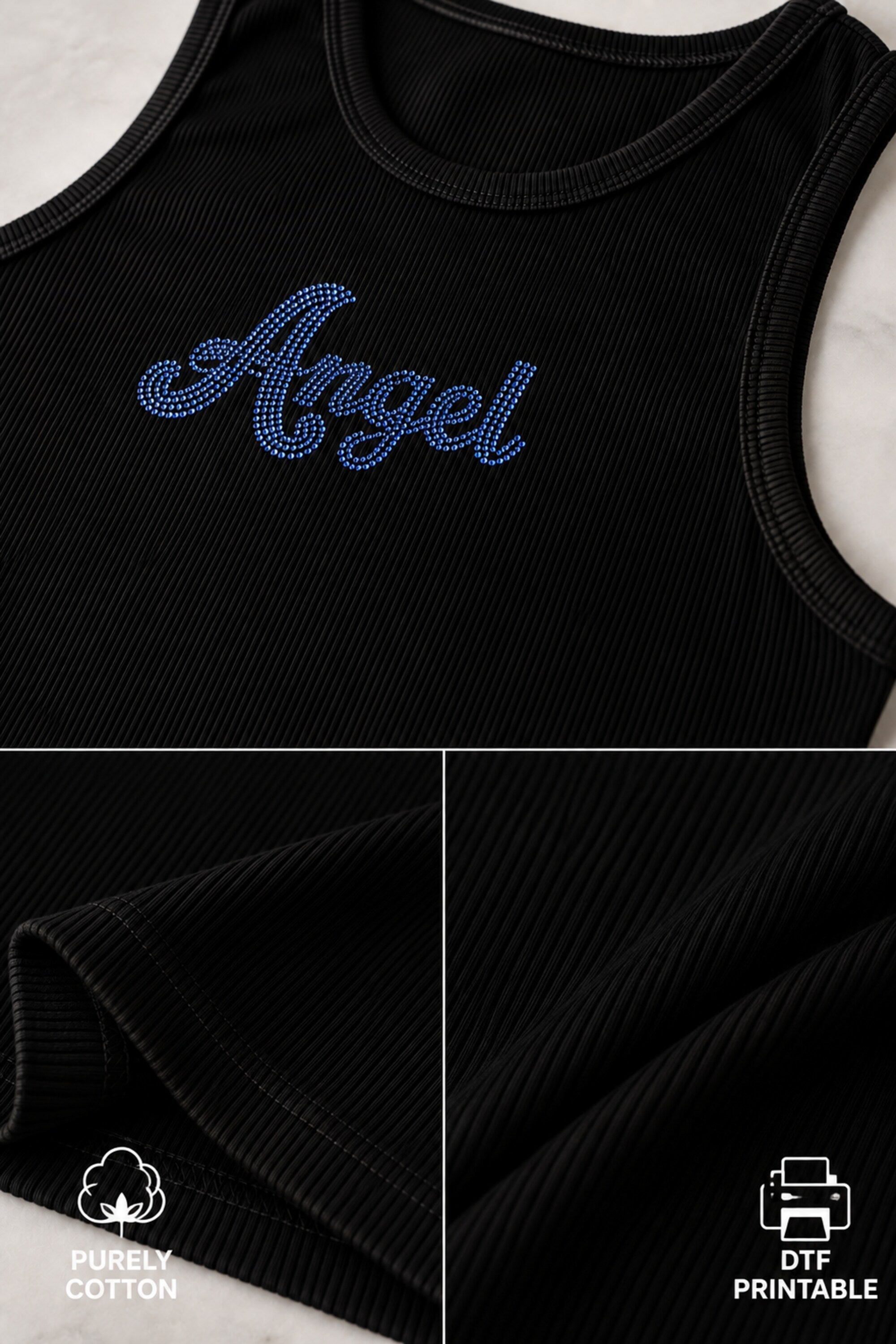 Black ribbed crop tank top with blue rhinestone crystal Angel cursive script on chest